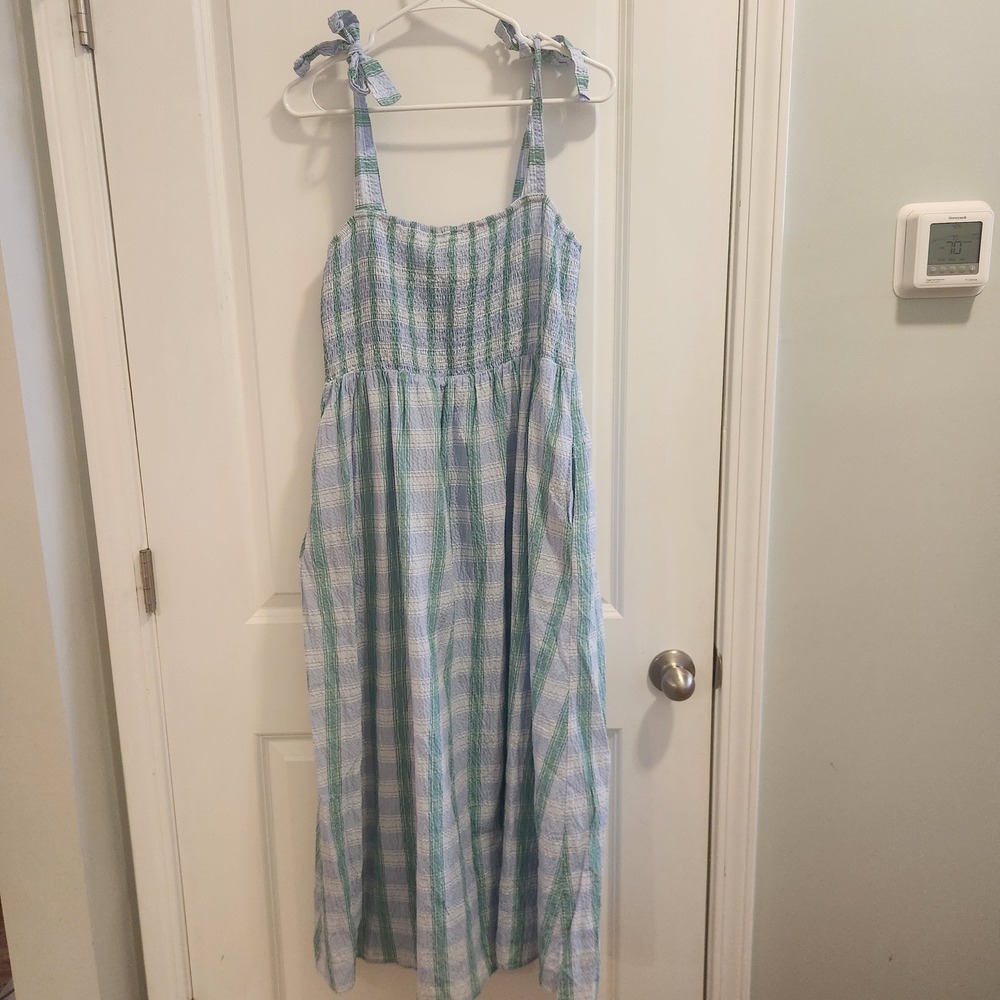 Anthropologie THML Seersucker Plaid Smocked Midi Dress Blue Green Tie Shoulder